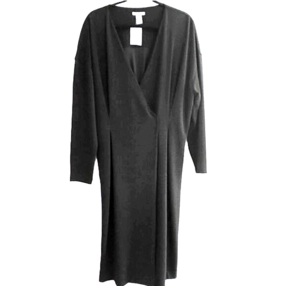 H&M BLACK LONG SLEEVE V NECK WRAP FRONT DRESS. SIZE 14